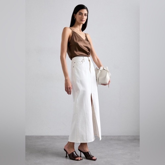 NWT AGOLDE Leif denim longline maxi skirt milkshake white cotton slit Sz24/33